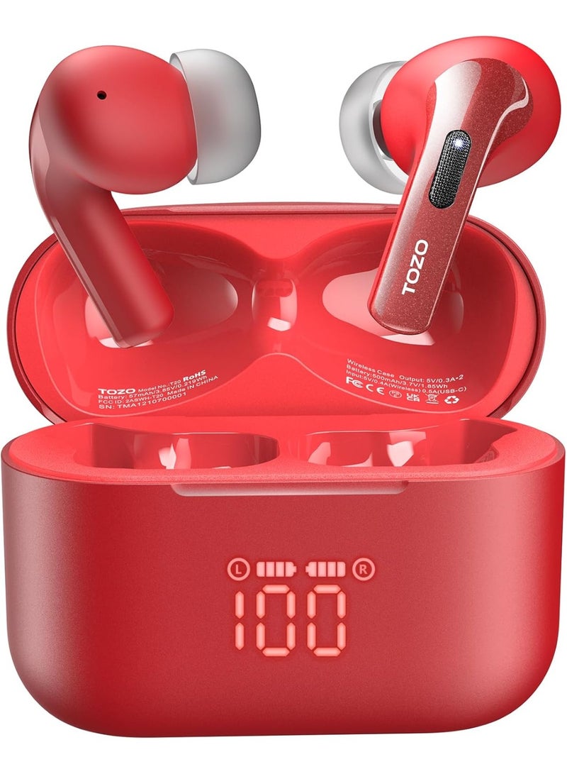 TOZO T20 Wireless Earbuds Bluetooth Headphones 48.5 Hrs Playtime with LED Digital Display, IPX8 Waterproof, Dual Mic Call Noise Cancelling 10mm Broad Range Speakers with Wireless Charging Case Red - Image 1